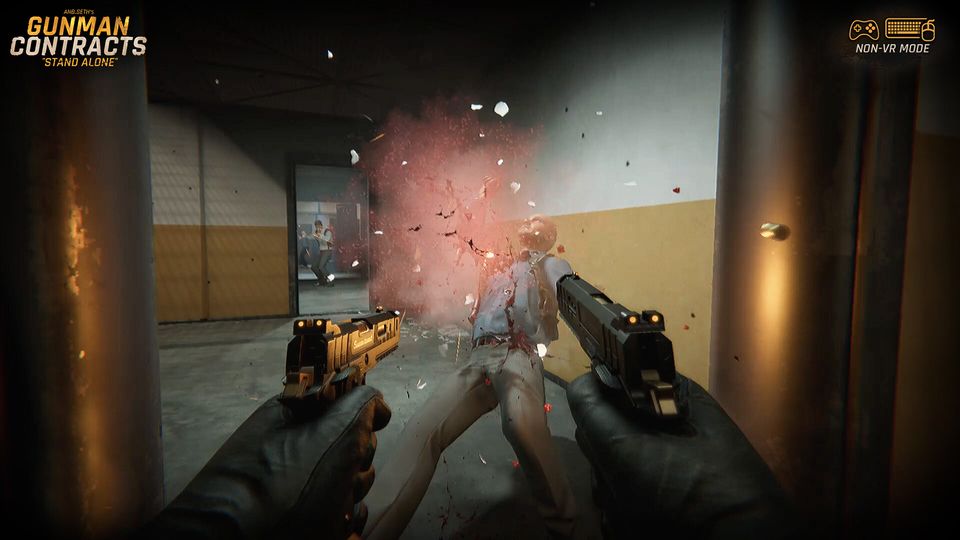 Non-VR mode: two pistols fired at close range in a corridor, a body taking hits in a cloud of blood spray
