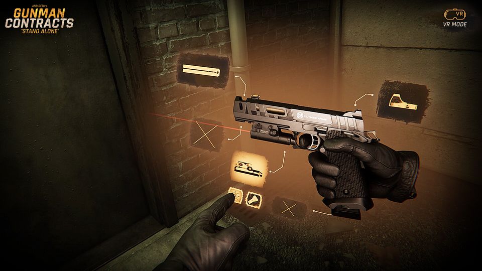 VR mode: the in-game weapon modding screen, with a pistol fitted with a suppressor and laser and attachment slot icons floating beside it