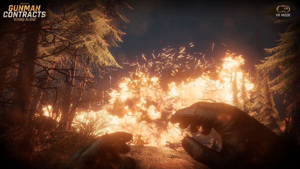 VR mode: A forest burning at night, embers filling the air, with the player's pistol held in the foreground