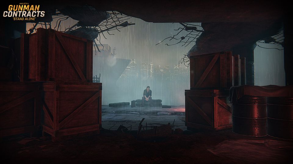 A wide atmospheric shot looking between shipping containers into fog, a lone silhouette standing in the distance